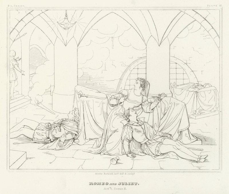 Romeo i Julia, akt V, scena 3 (rycina) autorstwa Friedrich August Moritz Retzsch
