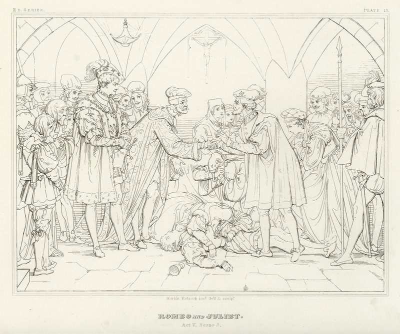 Romeo i Julia, akt V, scena 3 (rycina) autorstwa Friedrich August Moritz Retzsch