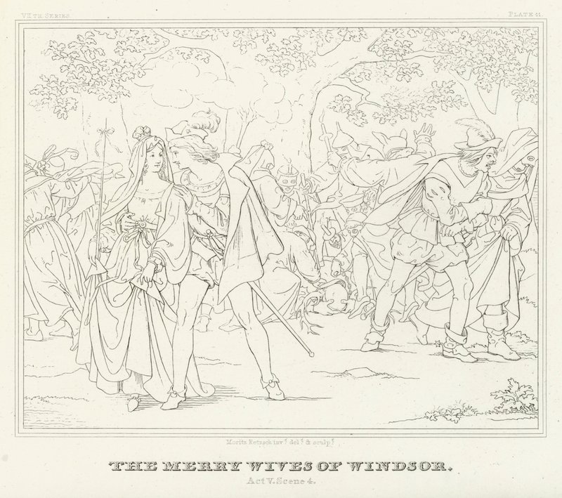 Wesołe żony Windsoru, akt V, scena 4 (rycina) autorstwa Friedrich August Moritz Retzsch