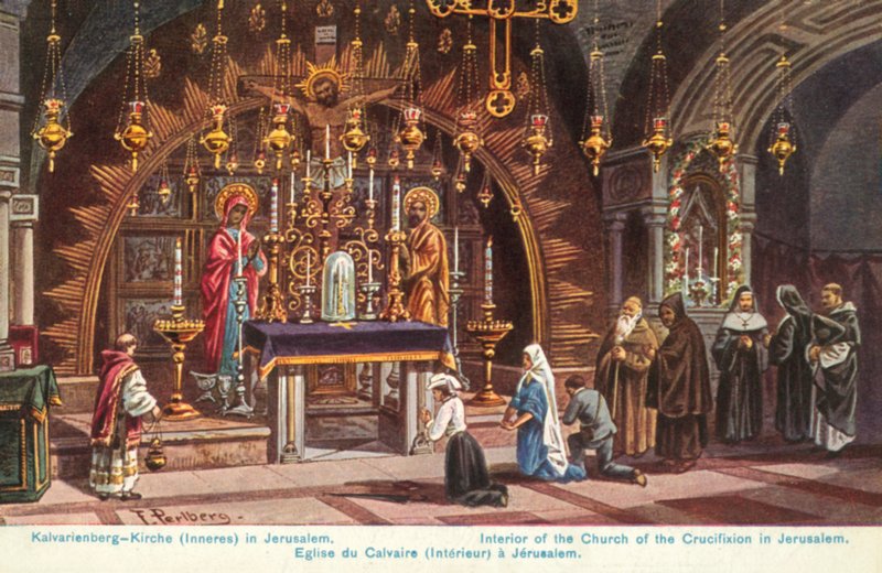 Ołtarz Ukrzyżowania, Bazylika Grobu Pańskiego, Jerozolima (kolorowa litografia) autorstwa Friedrich Perlberg