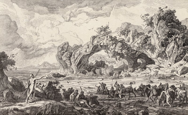 Zabicie świętego bydła Heliosa (rycina) autorstwa Friedrich the Elder Preller