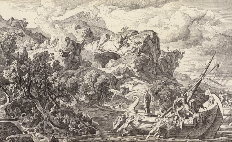 Odyseusz opuszczający wyspę Cyklopów (rycina) autorstwa Friedrich the Elder Preller