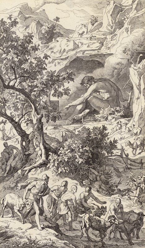 Odyseusz mijający jaskinię Polifema (rycina) autorstwa Friedrich the Elder Preller