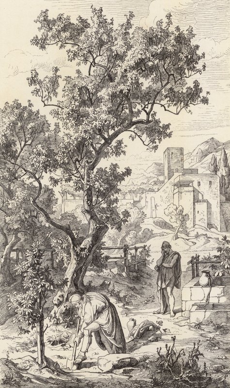 Odyseusz odwiedzający swojego ojca Laertesa (rycina) autorstwa Friedrich the Elder Preller