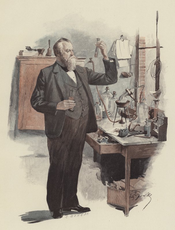 Kammersänger Albert Niemann jako chemik (śpiewak operowy Albert Niemann jako chemik) (litografia kolorowa) autorstwa Fritz Gehrke