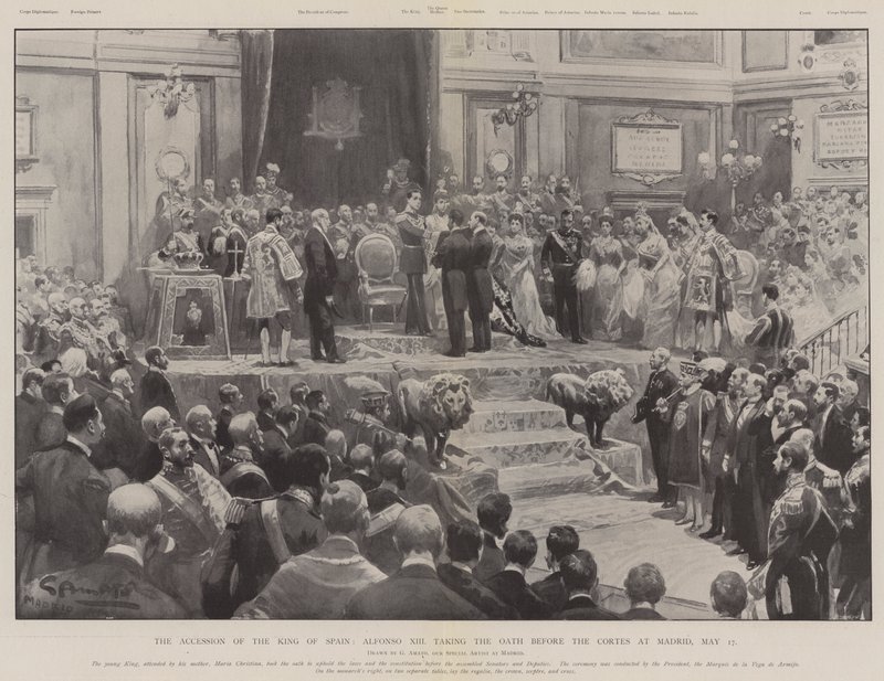 Akcesja króla Hiszpanii, Alfonso XIII składający przysięgę przed Kortezami w Madrycie, 17 maja autorstwa G.S. Amato