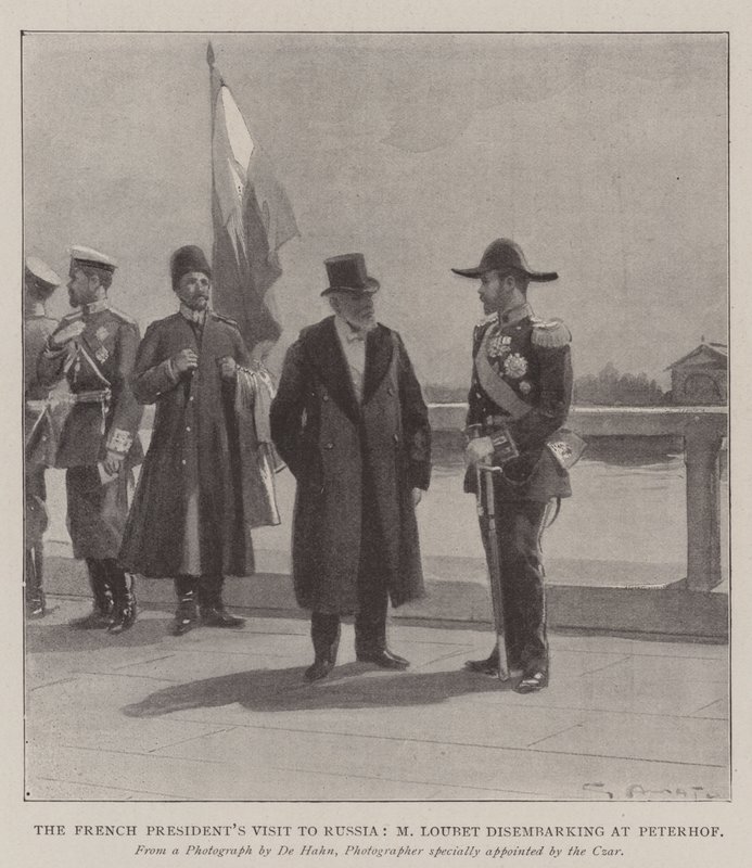 Wizyta Prezydenta Francji w Rosji, M Loubet wysiadający w Peterhofie autorstwa G.S. Amato