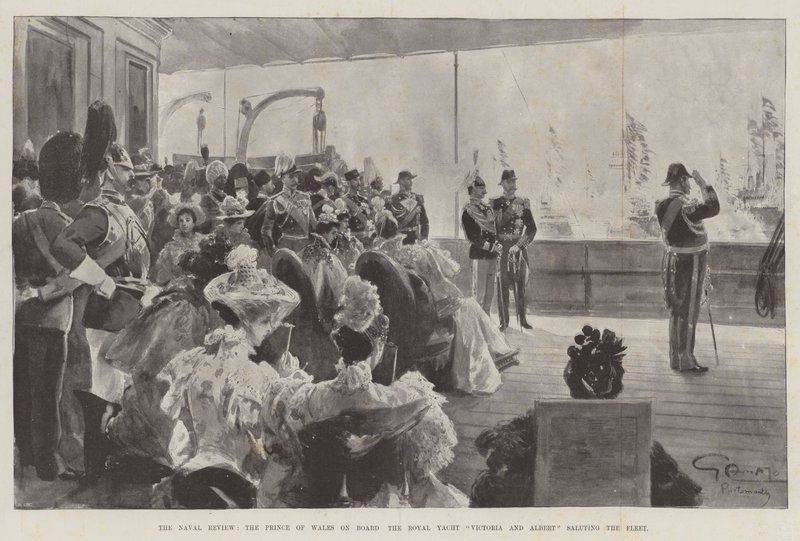 The Naval Review, książę Walii na pokładzie królewskiego jachtu Victoria and Albert pozdrawia flotę autorstwa G.S. Amato