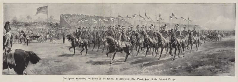 Królowa z przeglądem Armii Imperium w Aldershot, przemarsz wojsk kolonialnych. autorstwa G.S. Amato