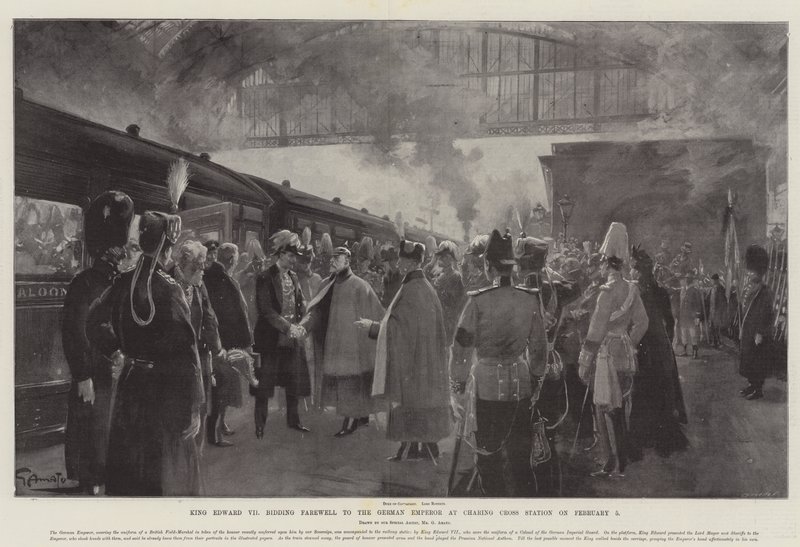 Król Edward VII żegna się z cesarzem niemieckim na stacji Charing Cross w dniu 5 lutego autorstwa G.S. Amato