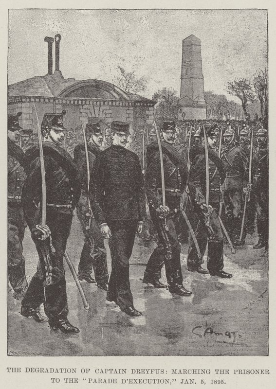 Degradacja kapitana Dreyfusa, maszerującego więźnia na paradę egzekucji, 5 stycznia 1895 autorstwa G.S. Amato