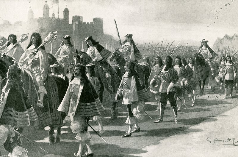 Ostatnia procesja z Tower: Karol II i jego orszak na Tower Hill, 22 kwietnia 1661 r. autorstwa G.S. Amato
