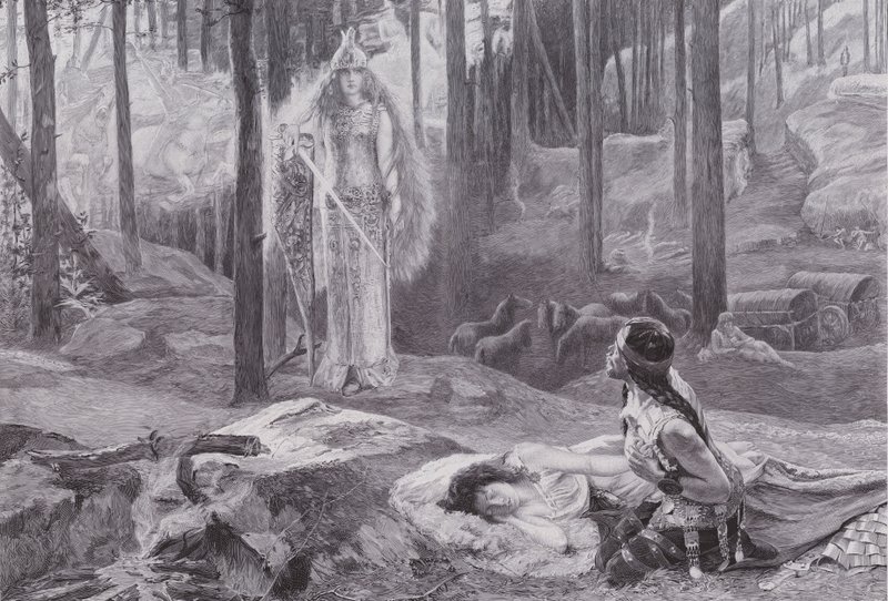 Objawienie (Brunnhilda odkrywa Sieglindę i Siegmunda) (lito) autorstwa Gaston Bussiere