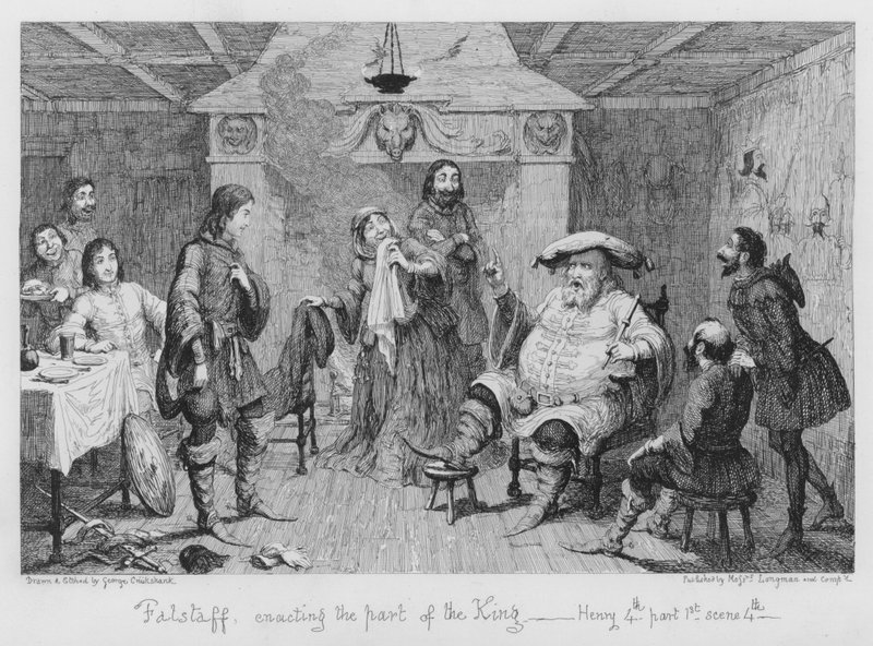 Falstaff odgrywa rolę króla autorstwa George Cruikshank