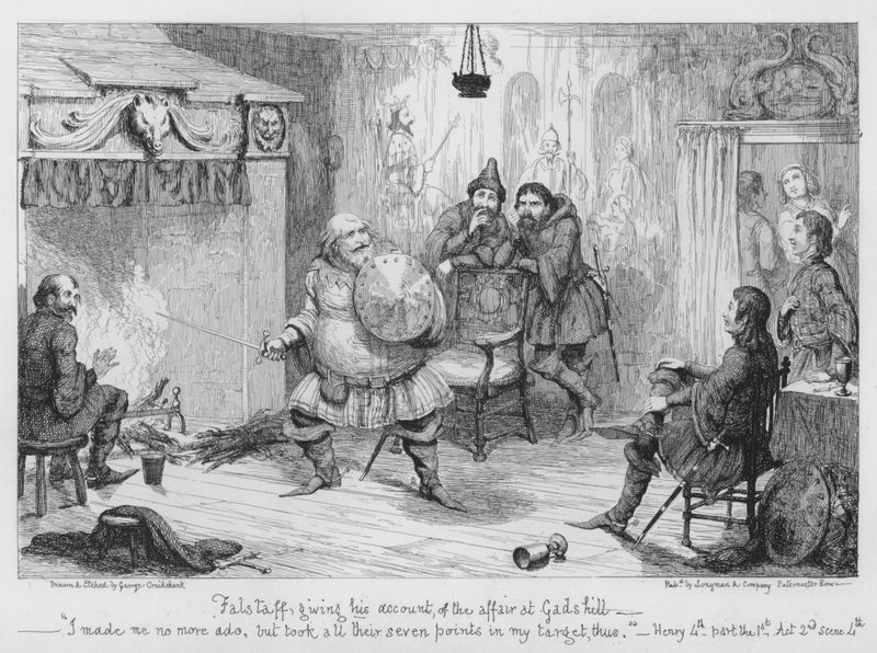 Falstaff opowiadający o romansie w Gadshill autorstwa George Cruikshank