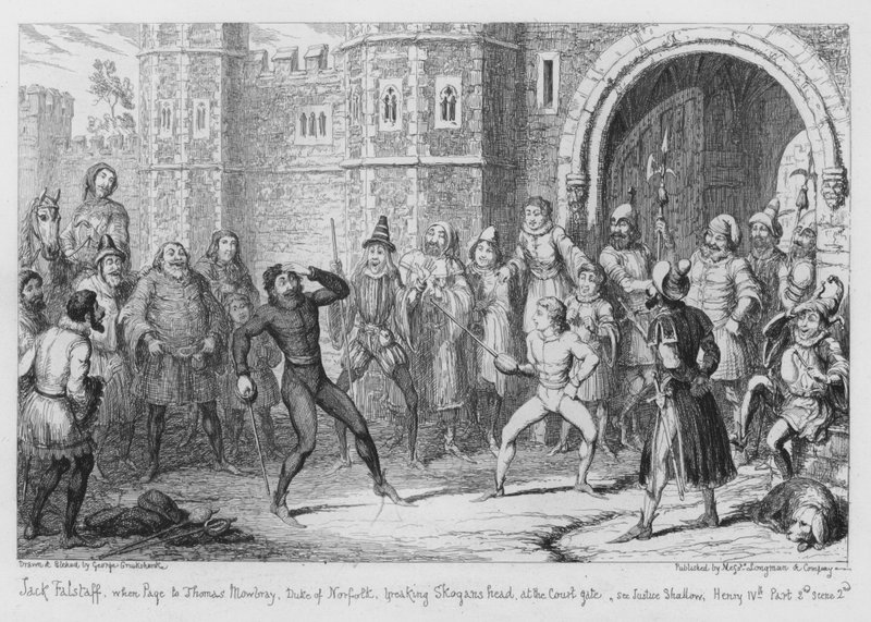 Jack Falstaff, gdy Page do Thomasa Mowbray, księcia Norfolk, łamiąc głowę Skogana przy bramie sądu, patrz Justice Shallow autorstwa George Cruikshank