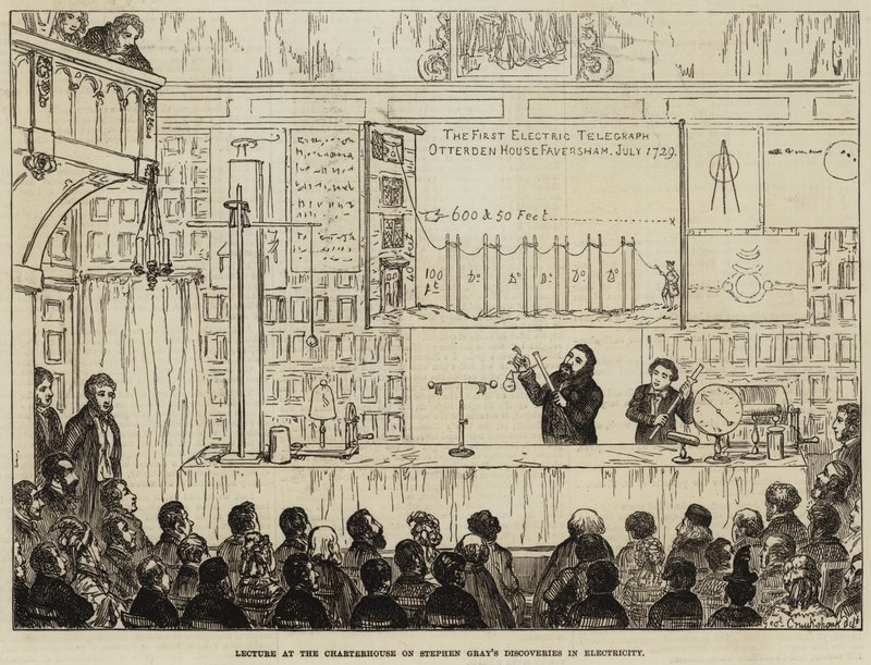 Wykład w Charterhouse na temat odkryć Stephena Graya w elektryczności autorstwa George Cruikshank