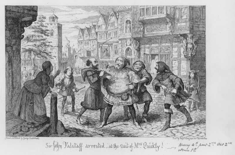 Sir John Falstaff został aresztowany na podstawie garnituru pani Quickly! autorstwa George Cruikshank