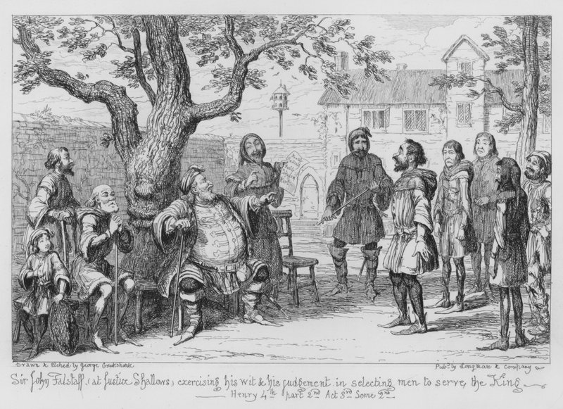 Sir John Falstaff w Justice Shallows ćwiczy swój dowcip i rozsądek przy wyborze ludzi do służby królowi autorstwa George Cruikshank