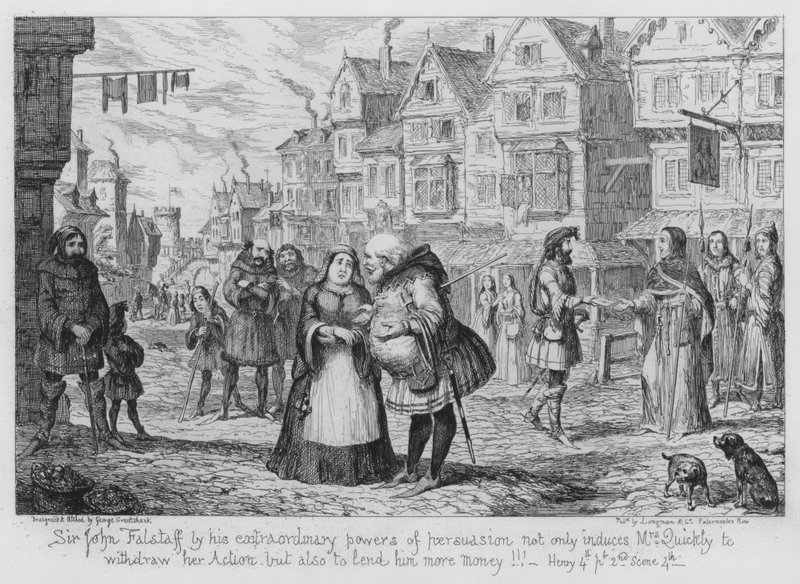 Sir John Falstaff swoimi niezwykłymi zdolnościami perswazji skłania panią Quickly nie tylko do wycofania swojej Akcji, ale także do pożyczenia mu większej ilości pieniędzy! autorstwa George Cruikshank