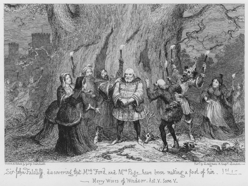 Sir John Falstaff odkrywa, że pani Ford i pani Page zrobiły z niego głupca autorstwa George Cruikshank
