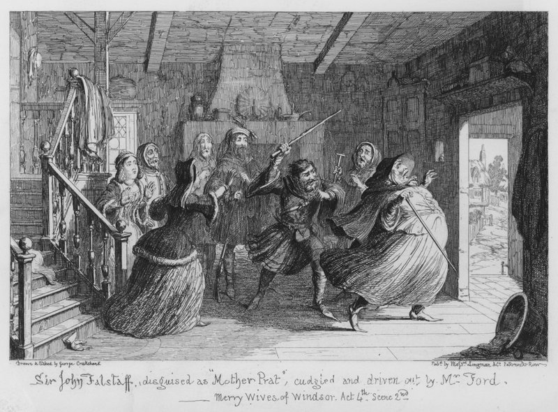 Sir John Falstaff, przebrany za Matkę Prat, przytulany i wypędzony przez pana Forda autorstwa George Cruikshank