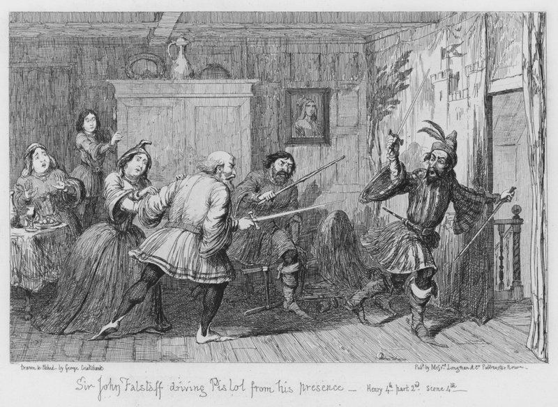 Sir John Falstaff wypędzający Pistolet z jego obecności autorstwa George Cruikshank