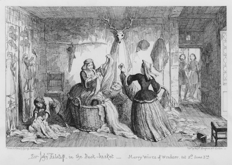 Sir John Falstaff w koszu Buck autorstwa George Cruikshank