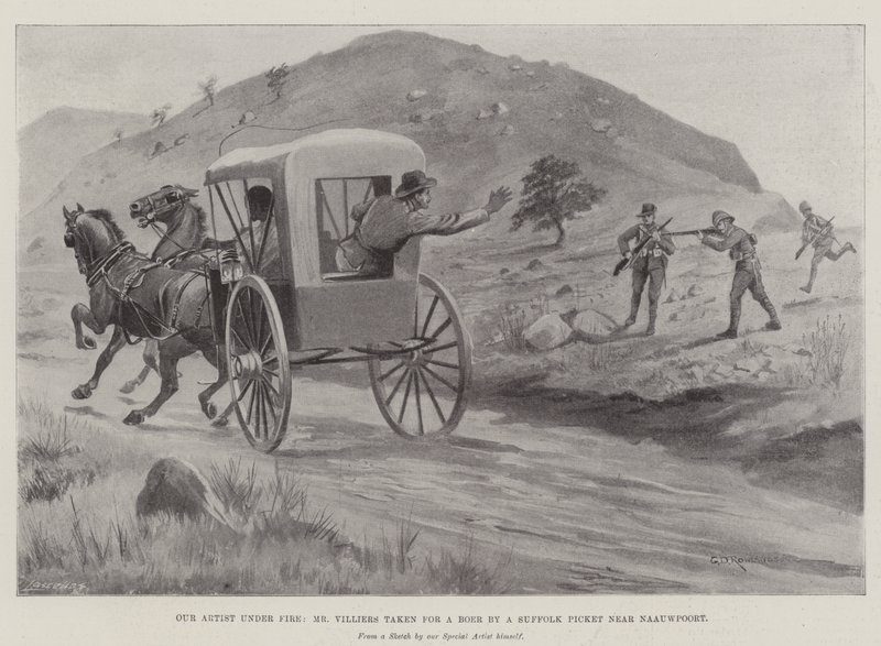 Nasz artysta pod ostrzałem, pan Villiers wzięty za dzika przez pikietę Suffolk w pobliżu Naauwpoort autorstwa George Derville Rowlandson
