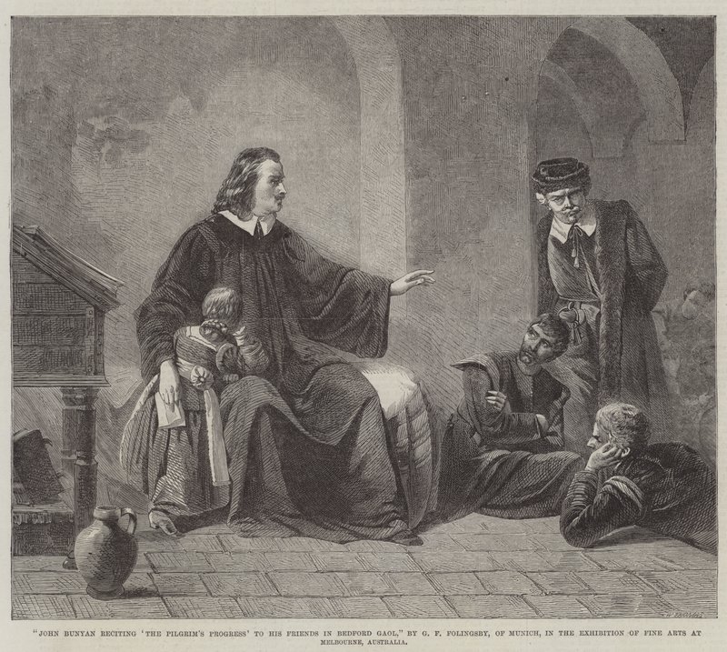 John Bunyan recytujący „Wędrówkę pielgrzyma” swoim przyjaciołom w Bedford Gaol autorstwa George Frederick Folingsby