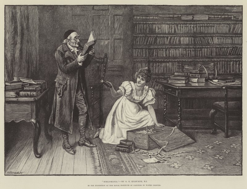 Bibliomania, w Wystawie Królewskiego Instytutu Malarzy w Farbach Wodnych autorstwa George Goodwin Kilburne