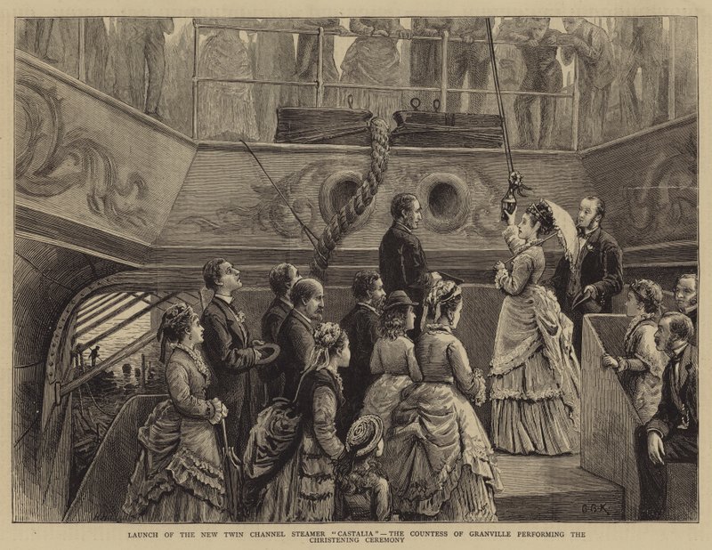 Uruchomienie nowego dwukanałowego parowca Castalia, hrabina Granville podczas ceremonii chrztu autorstwa George Goodwin Kilburne