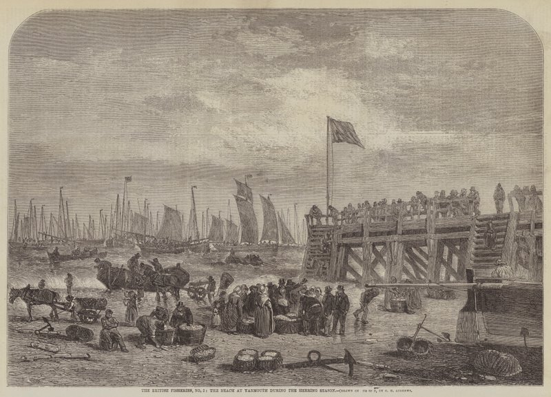 Brytyjskie rybołówstwo, nr 2, plaża w Yarmouth w sezonie śledziowym autorstwa George Henry Andrews
