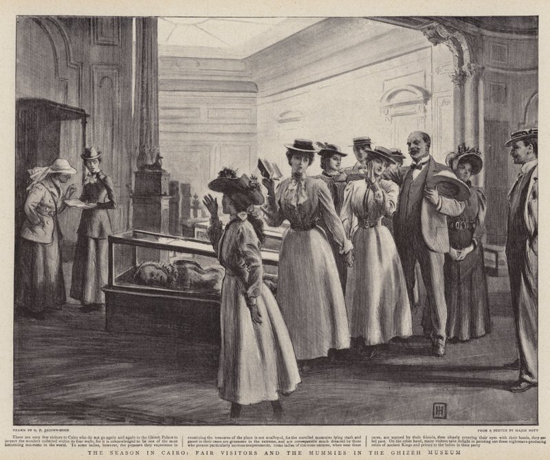 Sezon w Kairze, zwiedzający targi i mumie w Muzeum Ghizeh autorstwa George Percy Jacomb Hood