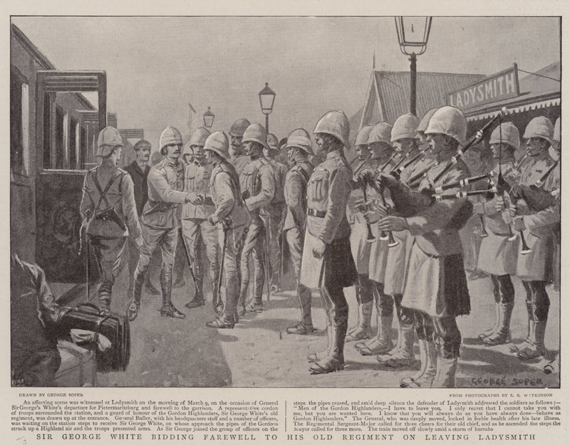 Sir George White żegna się ze swoim starym regimentem po opuszczeniu Ladysmith autorstwa George Soper
