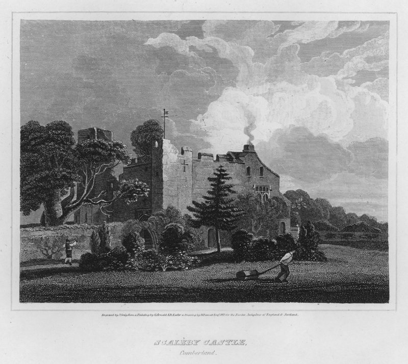 Zamek Scaleby, Cumberland (grafika) autorstwa George (after) Arnald