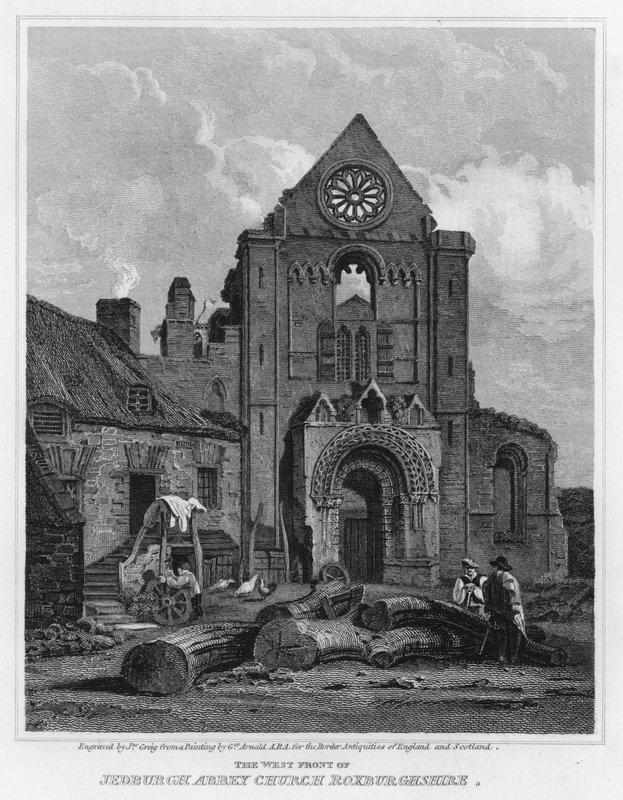 Zachodni front kościoła opactwa Jedburgh w Roxburghshire (rycina) autorstwa George (after) Arnald