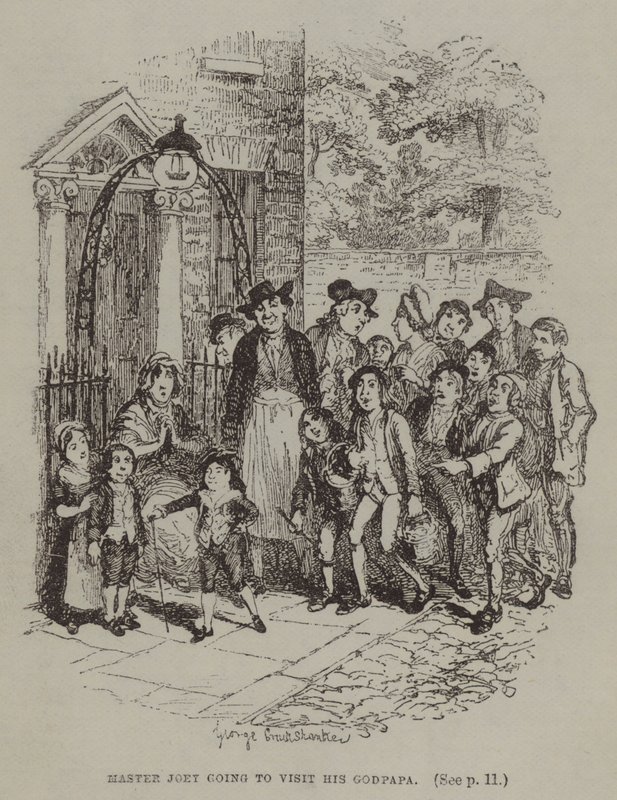 Mistrz Joey idzie z wizytą do swojego chrzestnego (rycina) autorstwa George (after) Cruikshank