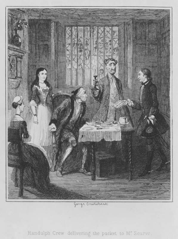 Randulph Crew dostarczający paczkę Panu Scarve (grawerowanie) autorstwa George (after) Cruikshank