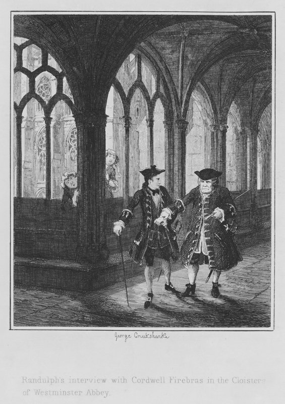 Wywiad Randulpha z Cordwell Firebras w Cloisters of Westminster Abbey (grawerowanie) autorstwa George (after) Cruikshank