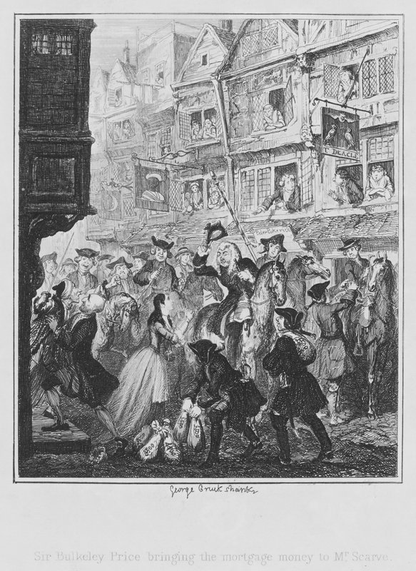 Sir Bulkeley Price wnosi pieniądze hipoteczne do pana Scarve (grawerowanie) autorstwa George (after) Cruikshank