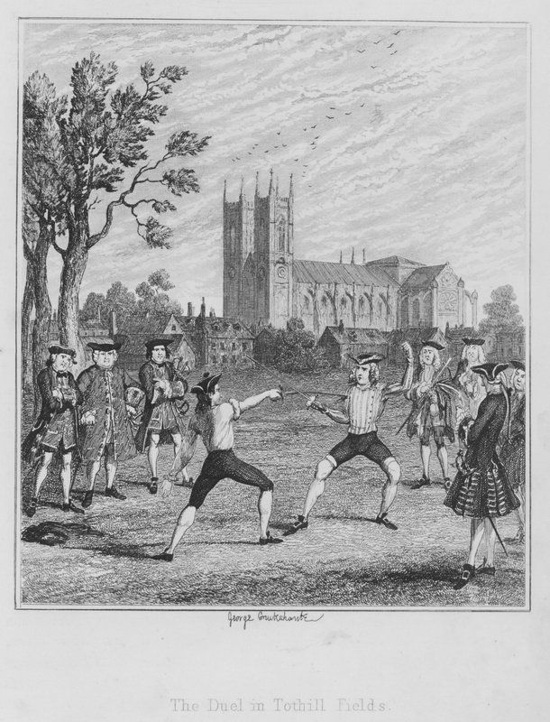 Pojedynek na polach Tothill (rycina) autorstwa George (after) Cruikshank