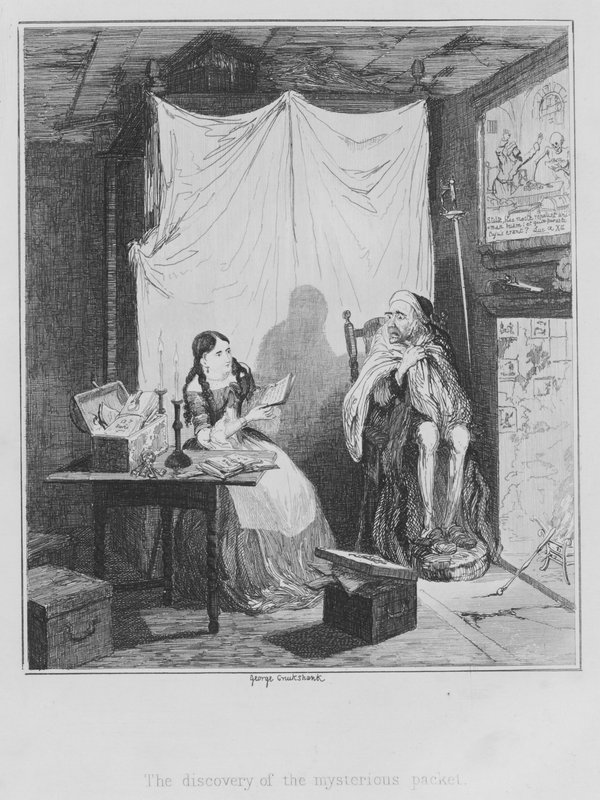 Odkrycie tajemniczej paczki (grawerunek) autorstwa George (after) Cruikshank