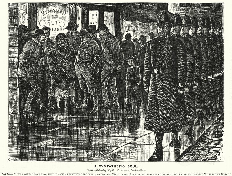 Karykatura „Punch”: A Sympathetic Soul – pilnowanie londyńskich slumsów (grafika) autorstwa George (after) Du Maurier