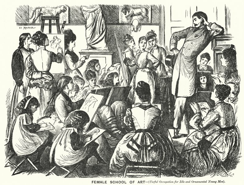 Punch cartoon: Female School of Art (Przydatny zawód dla bezczynnych i ozdobnych młodych mężczyzn) (rycina) autorstwa George (after) Du Maurier