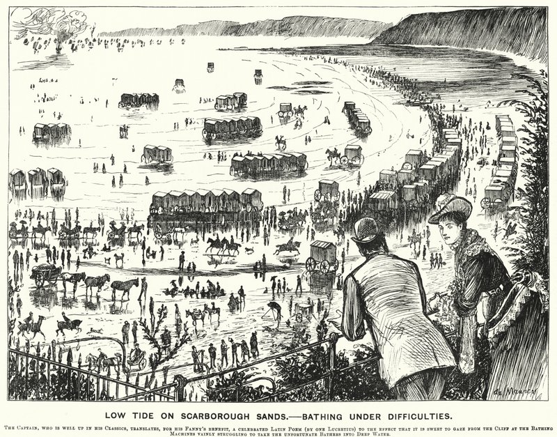 Kreskówka poncz: Odpływ na piaskach Scarborough - Kąpiel w trudnych warunkach (grawerowanie) autorstwa George (after) Du Maurier