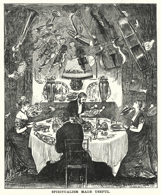 Kreskówka dziurkacza: Spirytyzm stał się użyteczny (grawerowanie) autorstwa George (after) Du Maurier