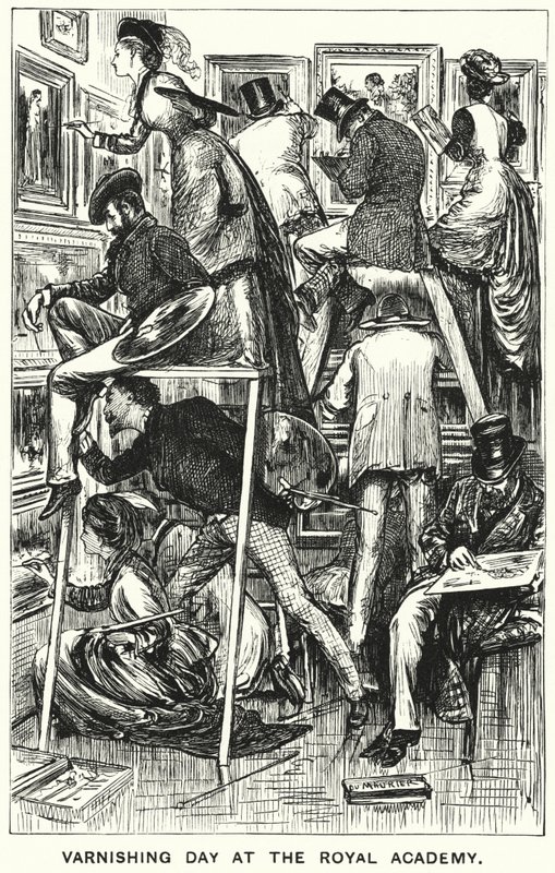 Punch cartoon: Dzień lakierowania w Royal Academy (grawerowanie) autorstwa George (after) Du Maurier
