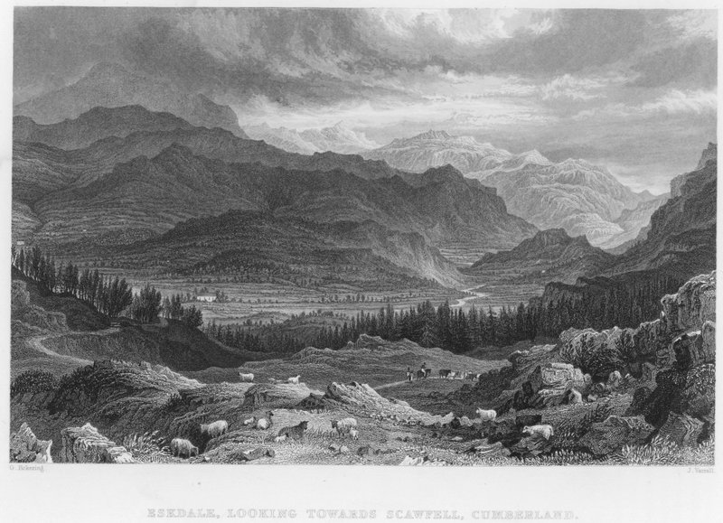 Eskdale, Patrząc w stronę Scawfell, Cumberland (grawerowanie) autorstwa George (after) Pickering
