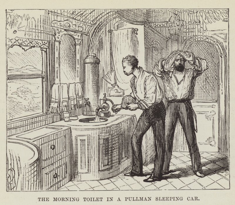 Poranna toaleta w wagonie sypialnym Pullman autorstwa George Augustus Sala